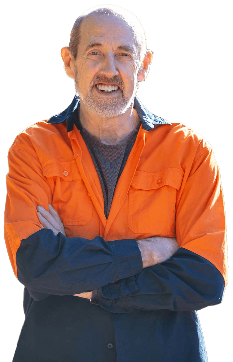 John a friendly local electrician from Globilenet in an orange and navy high-vis shirt crosses his arms.