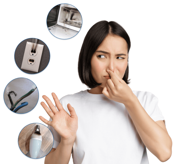 Woman reacting to burnt wires and damaged appliances.