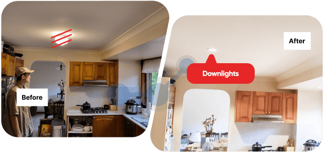 A dim kitchen ceiling with single light, then evenly lit with new downlight at a Glenwood home.