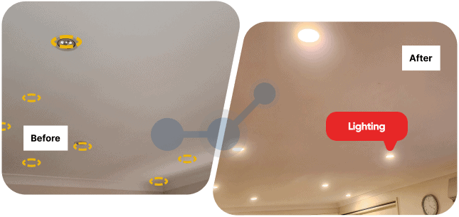 Dim room with bare ceiling of a Cherrybrook home illuminated brightly after downlights installation.