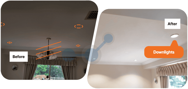 Living room ceiling without downlights, then lit evenly after installation at a Glenwood home.