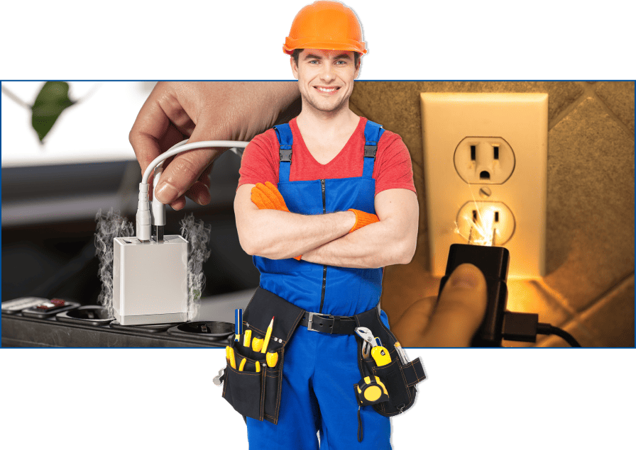 Electrician with tools standing in front of two images showing sparking power points