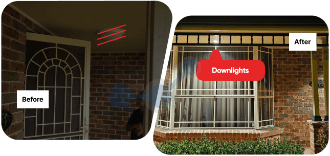 A dark front porch at a Glenwood home now brightly lit with new downlights.