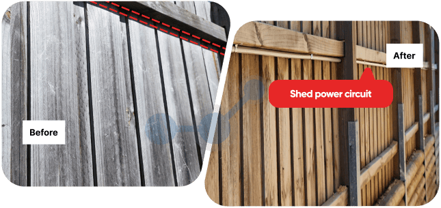 Bare shed wall before and after power circuit installed at a Kellyville home
