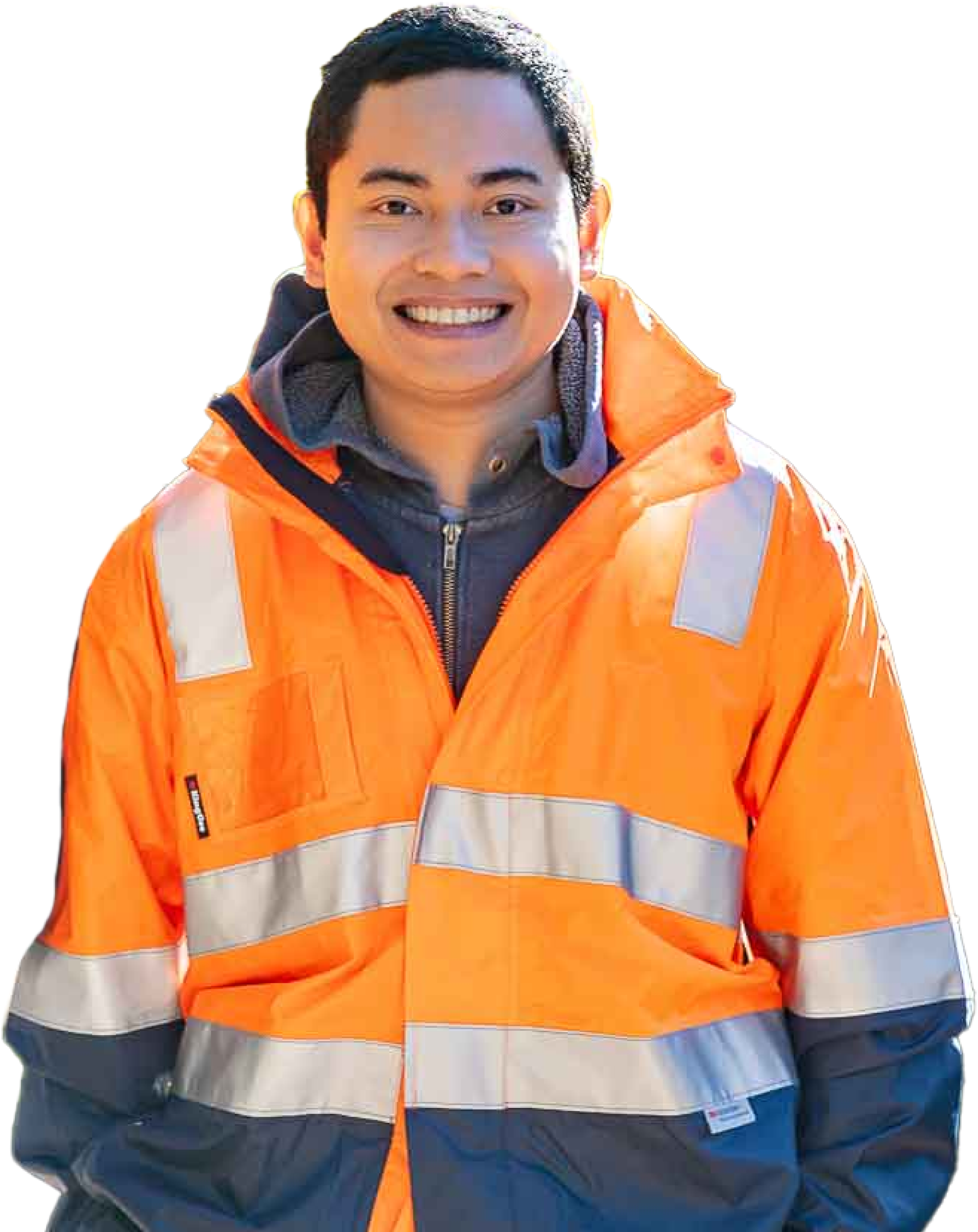 Reuben-Patrimonio a friendly local electrician from Globilenet wears a heavy orange hi-vis jacket and grey hoodie.