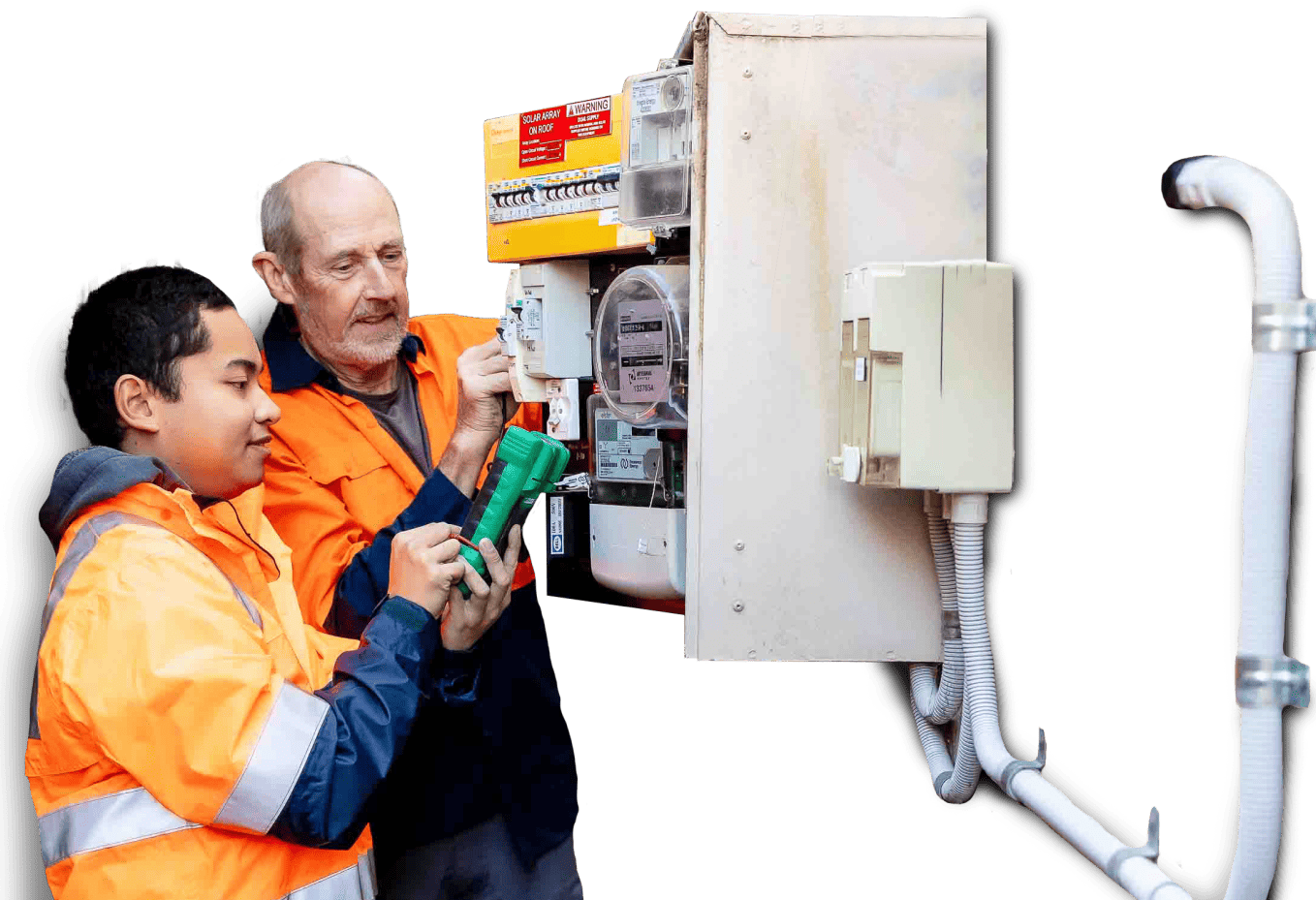 The emergency electrician with a multimeter coordinated with his partner who was repairing the large white switchboard.