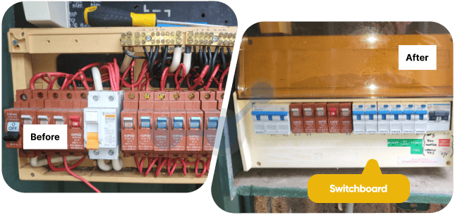 Exposed wires in a switchboard neatly covered and organized at a home in West Pennant Hills.